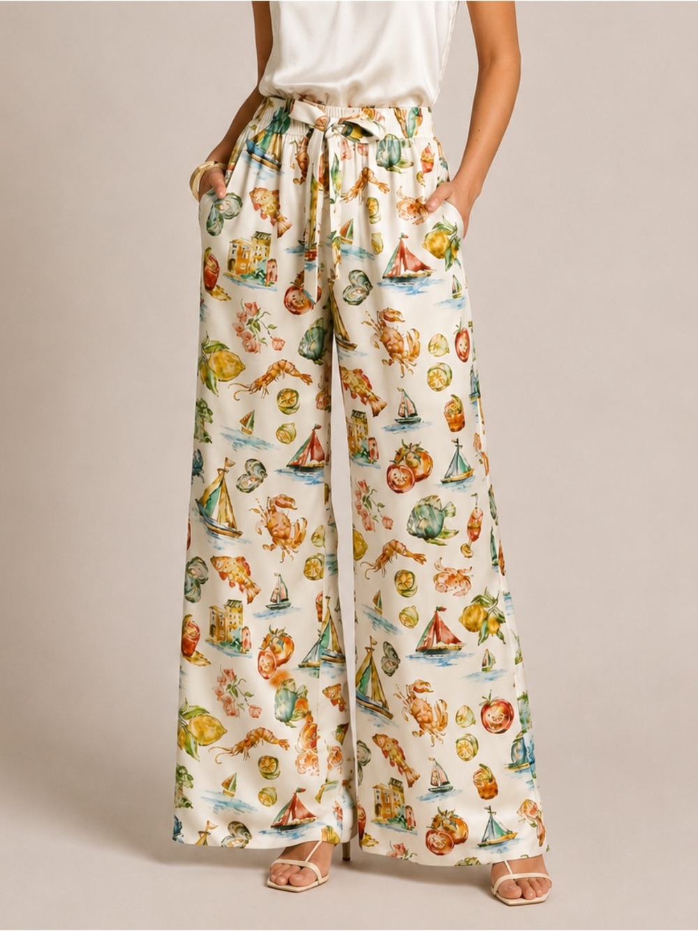 Rebecca Vallance Ikaria Silk Palazzo Pants Coastal Print Wide Leg Pockets US 0